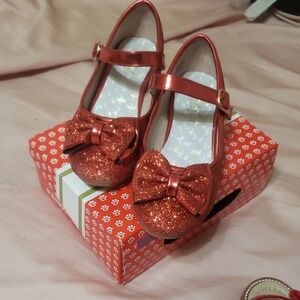 Girls Glitter Bow Mary Jane Shoes - Metallic Coral